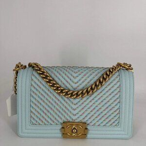 Chanel Calfskin By the Sea Chevron Embroidered Medium Boy Light Blue